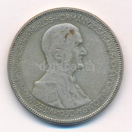 1930. 5P Ag 'Horthy jobbra' T:2-,3 patina Adamo P8