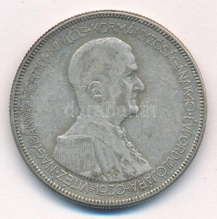 1930. 5P Ag 'Horthy jobbra' T:2-,3 patina Adamo P8