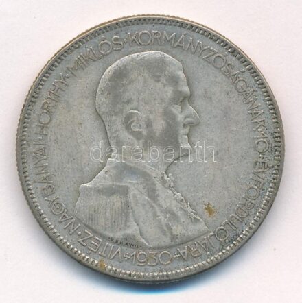 1930. 5P Ag 'Horthy jobbra' T:2-,3 patina Adamo P8