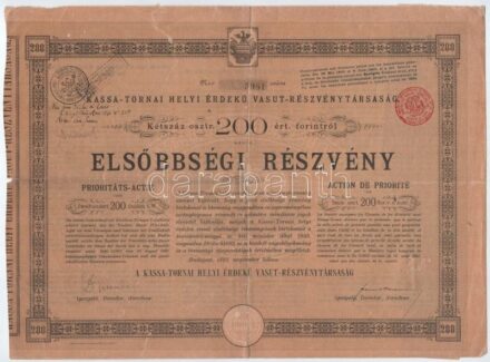 Budapest 1893. 'Kassa-Tornai Helyi Érdekű Vasut-Részvénytársaság' elsőbbségi részvény 200K-ról szárazpecséttel, bélyegzésekkel T:III restaurált, szakadások / Hungary / Budapest 1893. 'Kassa-Tornai Helyi Érdekű