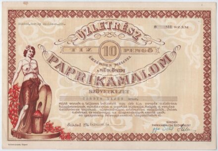 Sükösd 1942. 'Sükösdi Paprikamalom Szövetkezet' névre szóló üzletrésze 10P értékben, szelvényekkel T:I-