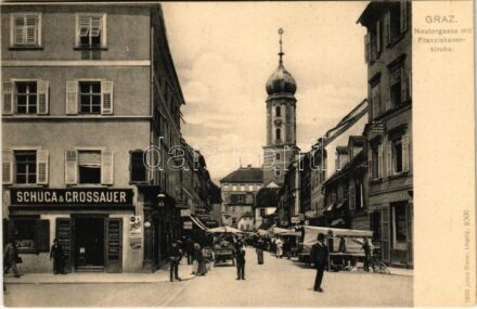 Graz, Neutorgasse mit Franziskanerrkirche, Schüga & Grossauer / street market, shops, church