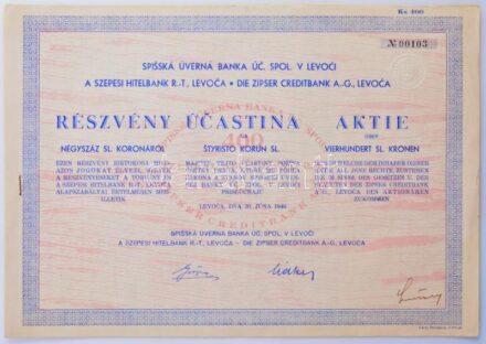 Szlovákia / Lőcse 1940. 'Szepesi Hitelbank R.-T., Levoca' részvény 400K-ról, magyar-szlovák-német nyelven, szárazpecséttel, szelvényekkel összetűzve T:I-,II kis szakadások / Slovakia / Levoca 1940. 'Szepesi Hitelbank R.-T., Levoca'