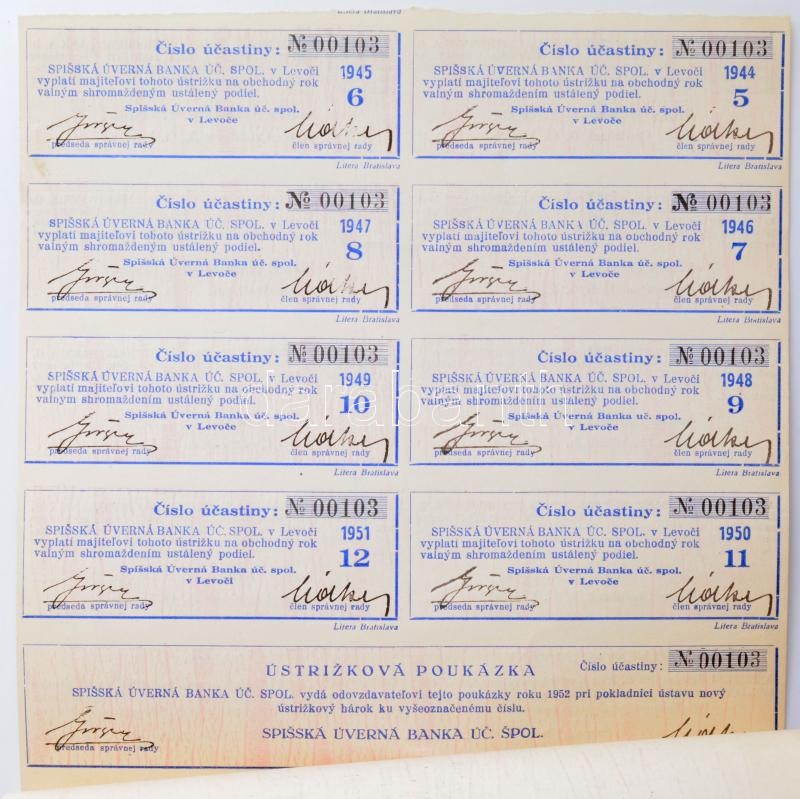 Szlovákia / Lőcse 1940. 'Szepesi Hitelbank R.-T., Levoca' részvény 400K-ról, magyar-szlovák-német nyelven, szárazpecséttel, szelvényekkel összetűzve T:I-,II kis szakadások / Slovakia / Levoca 1940. 'Szepesi Hitelbank R.-T., Levoca' - Image 2