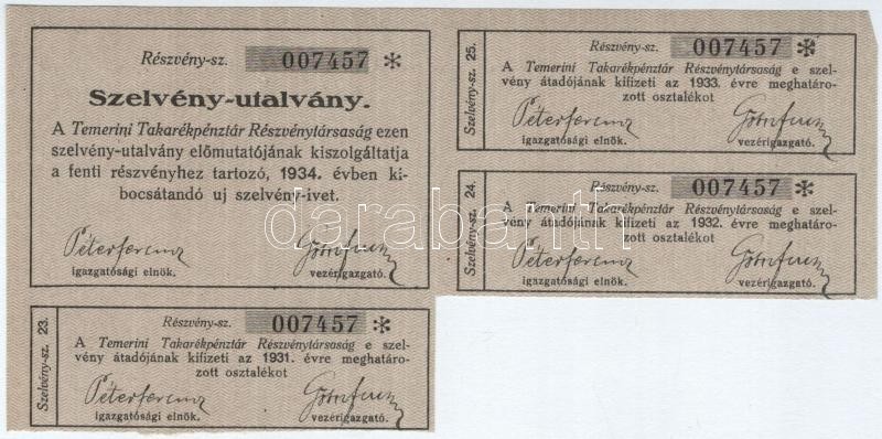 Szerbia / Temerin 1921. 'Temerini Takarékpénztár R.T.' részvénye 100K-ról, bélyegzésekkel, szárazpecséttel, néhány szelvénnyel T:I- fo. Serbia / Temerin 1921. 'Temerin Savings Bank' share about 100 Kronen, with overprints and embossed - Image 2