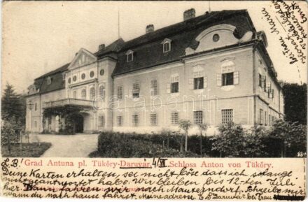1903 Daruvár, Daruvar; Tükőry kastély / castle / Schloss Anton von Tüköry / Grad Antuna pl. Tüköry + 'PAKRACZ - BARCS 139. SZ.' vasúti mozgóposta bélyegző (ázott / wet damage)