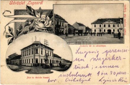 1902 Lugos, Lugoj; Izabella tér és Városháza, Posta és távirda hivatal, Reiter Henrik üzlete. Auspitz Adolf kiadása / square, town hall, post and telegraph office, shop. Art Nouveau, floral (kis szakadás / small tear)