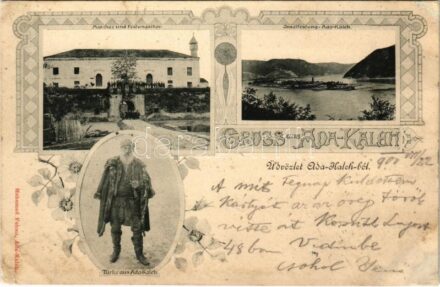 1901 Ada Kaleh, Moschee und Festungstor, Inselfestung, Türke aus Ada Kaleh / Mecset és várkapu, Török férfi. Mehmed Fehmi kiadása / mosque, castle gate, Turkish man. Art Nouveau, floral (r)
