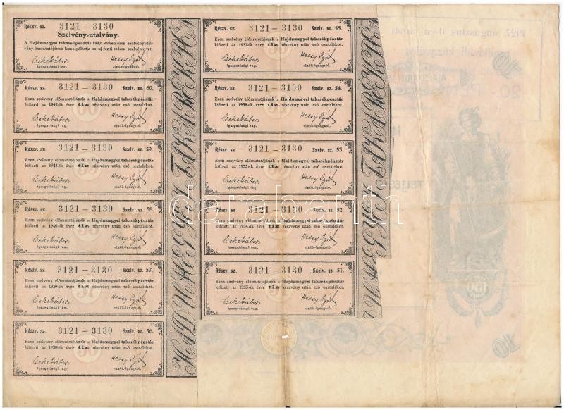 Hajdúszoboszló 1926. 'Hajdúmegyei Takarékpénztár' 10db részvénye egyben, összesen 150P-ről szelvényekkel, felülbélyegzéssel, szárazpecséttel T:III- ly. - Image 2