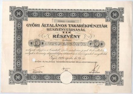 Győr 1926. 'Győri Általános Takarékpénztár Részvénytársaság' tíz részvénye egyenként 10P-ről, szárazpecséttel, két lyukasztással érvénytelenítve T:II