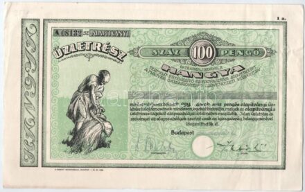 Budapest 1940. 'Hangya Termelő-Értékesítő és Fogyasztási Szövetkezet' üzletrésze 100P-ről, szelvényekkel, szárazpecséttel T:III szelvényíven nagyobb szakadás