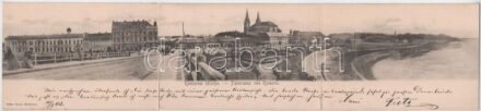 1903 Komárom, Komárno; látkép, híd, hajómalom a Duna-parton. Czike Dénes kiadása. 3-részes kihajtható panorámalap / general view, bridge, Danube riverside, floating ship mill (boat mill). 3-tiled folding panoramacard (hajtásnál szakadt