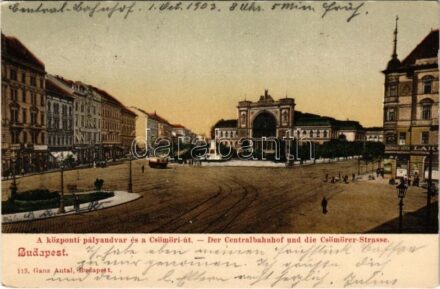 1903 Budapest VII. Központi (Keleti) pályaudvar és a Csömöri út, villamos, Baross szobor, üzletek. Ganz Antal 113.