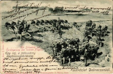 1900 Üdvözlet Debrecenből... Egy raj, a jobbszárny meghosszabbítására. Osztrák-magyar katonák / Ein Schwarm zur Verlängerung des rechten Flügels / Austro-Hungarian K.u.K. military, group of soldiers. Alex J. Klein (Wien) No. 11. (EK)