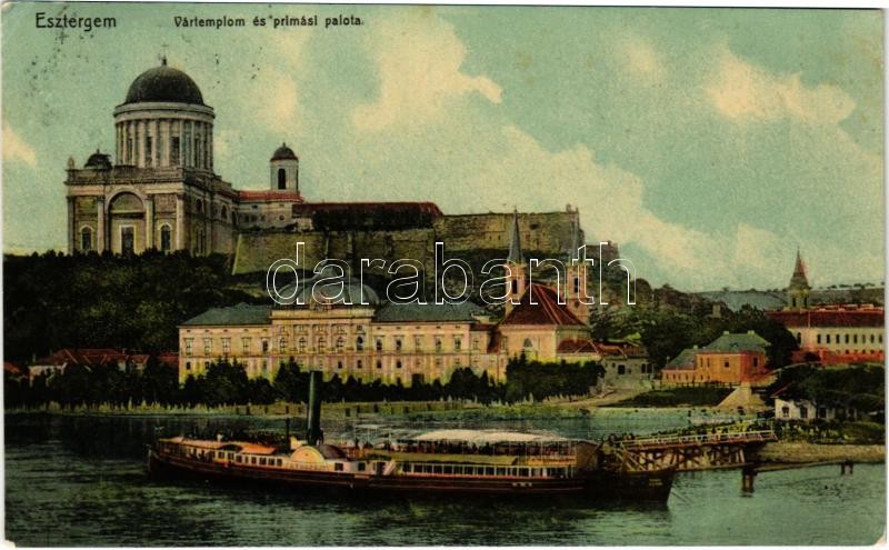 1910 Esztergom, Vártemplom és prímási palota, Bazilika, 'BUDAPEST' gőzhajó. Kardos Dezső kiadása (EK)