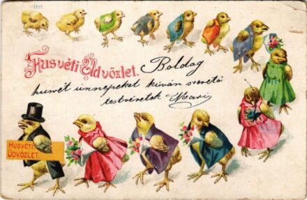1901 Húsvéti üdvözlet, csibesor / Easter greeting with chickens. litho (EK)