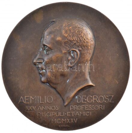 Kisfaludi Stróbl Zsigmond (1884-1975) 1925. 'Grósz Emil' egyoldalas Br plakett. 'AEMILIO DE GRÓSZ XXV ANNOS PROFESSORI DISCIPULI ET AMICI MCMXXV' (80mm) T:2 kis ph. Hungary 1925. 'Emil Grósz' one-sided Br plaque. Sign.: Zsigmond Kisfaludy