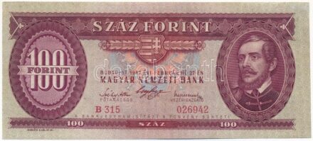 1947. 100Ft 'B 315 026942' T:III szép papír / 1947. 100 Forint 'B 315 026942' C:F nice paper Adamo F27