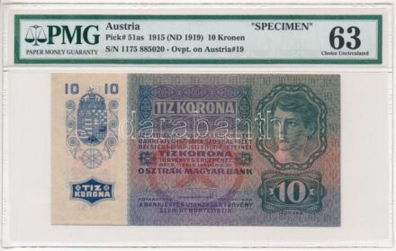 1915. 10K '1175 885020' 'MUSTER (MINTA)', piros 'DEUTSCHÖSTERREICH' felülbélyegzéssel, PMG plasztik tokban (63-as értékeléssel) T:I- / Hungary 1915. 10 Korona '1175 885020' 'MUSTER (SPECIMEN)', with red 'DEUTSCHÖSTERREICH' overprint, in PMG