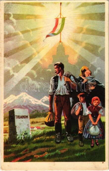 Trianon vándorai igazságért kiáltanak. Kiadja az Ereklyés Országzászló Nagybizottsága / Hungarian irredenta propaganda art postcard, Treaty of Trianon (EK)