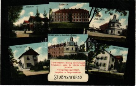 1910 Stubnyafürdő, Túróchévíz, Stubnianske Teplice, Turcianske Teplice; Jeszenszky villa, Erzsébet lak, Zöld tükör fürdő, Tomasek villa, Erzsébet szálloda, Kovács villa / villas, hotel, spa, bath