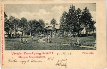 1902 Korond, Corund; Firtos villa, kerékpár. Üdvözlet Korond-gyógyfürdőről! A Magyar Gleichenberg. Gáspár Gyula kiadása / villa, bicycle, spa