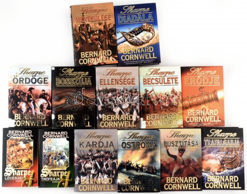 Bernard Cornwell 'Sharpe' sorozatának 13 kötete: Sharpe diadala, Sharpe menekülése, Sharpe erődje, Sharpe Trafalgarja, Sharpe pusztítása, Sharpe ostroma, Sharpe bosszúja,Sharpe ördöge, Sharpe becsülete, Sharpe ellensége, Sharpe
