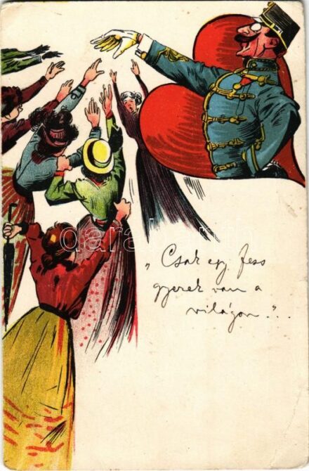 Ladies with officer, humour. litho (fa)