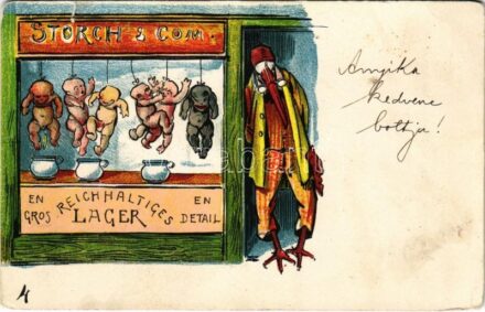 Storch & Comp. / stork's shop with babies, humour. litho (szakadás / tear)