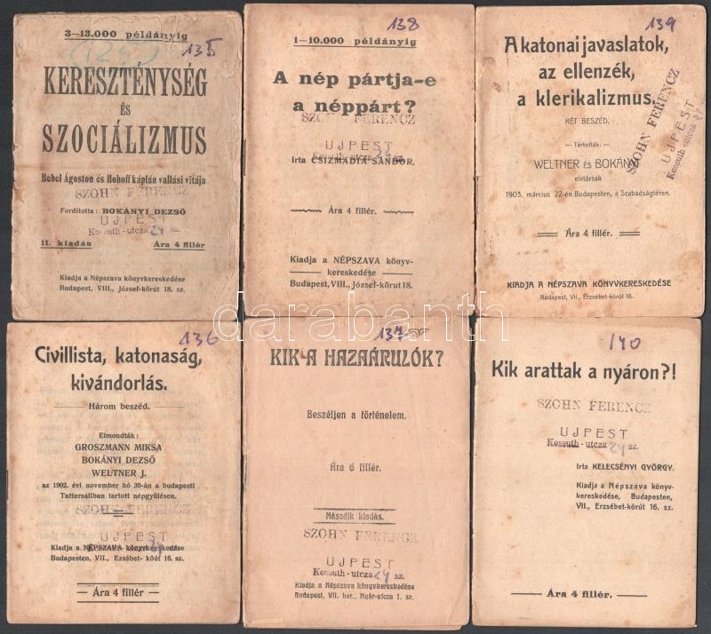 6 db szocialista témájú füzetke: Kereszténység és a szociálizmus, Csizmadia Sándor: A nép pártja-e a néppárt? A katonai javaslatok, az ellenzék és a klerikalizmus, Civillista, katonaság, kivándorlás, Kik a hazaárulók?, Kik