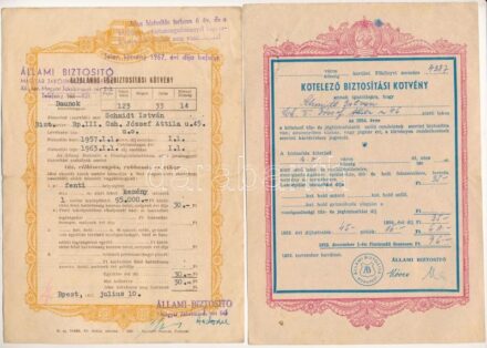 Budapest 1953. Kötelező biztosítási kötvény + 1957. Állami Biztosító Általános tűzbiztosítási kötvénye