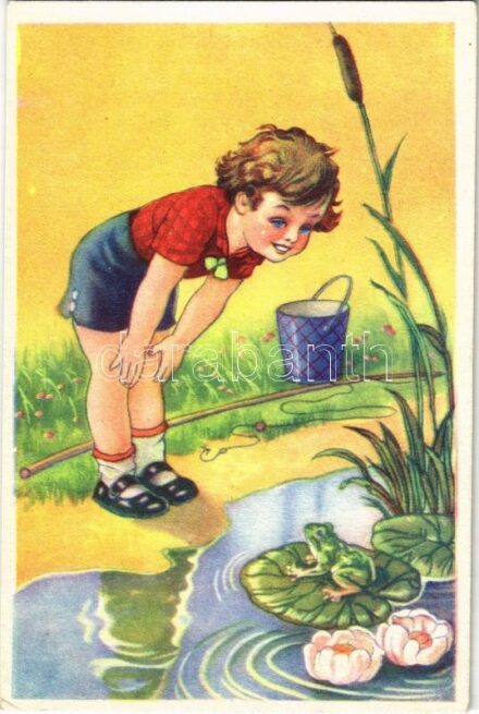 Children art postcard, frog