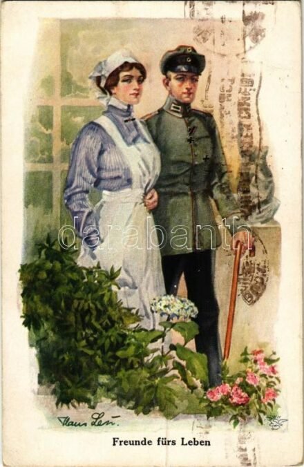 Freunde fürs Leben / WWI German military art postcard, soldier with nurse. Wohlgemuth & Lissner 'Oilette' No. 1045.