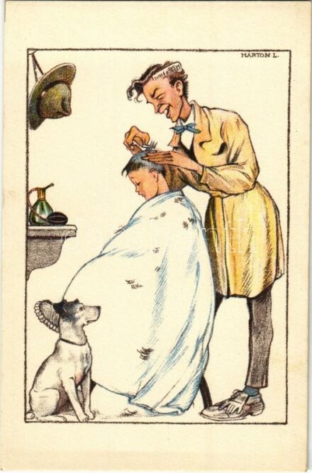Cserkész a fodrásznál. Kiadja a Magyar Cserkészszövetség Nagytábortanácsa 1926 / Hungarian boy scout art postcard s: Márton L.