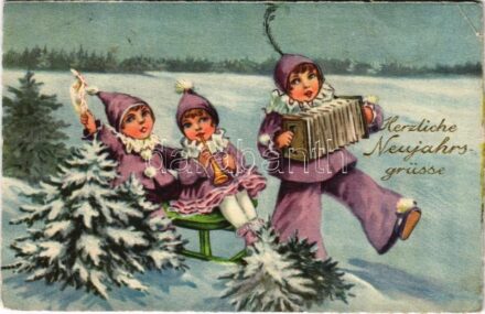 1927 Herzliche Neujahrsgrüsse / New Year greeting art postcard, clowns with sled. WSSB 9909. (EK)