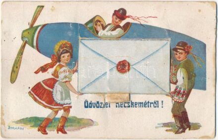 Kecskemét, népviseletes repülős leporellólap, folklór s: Bernáth (fa)
