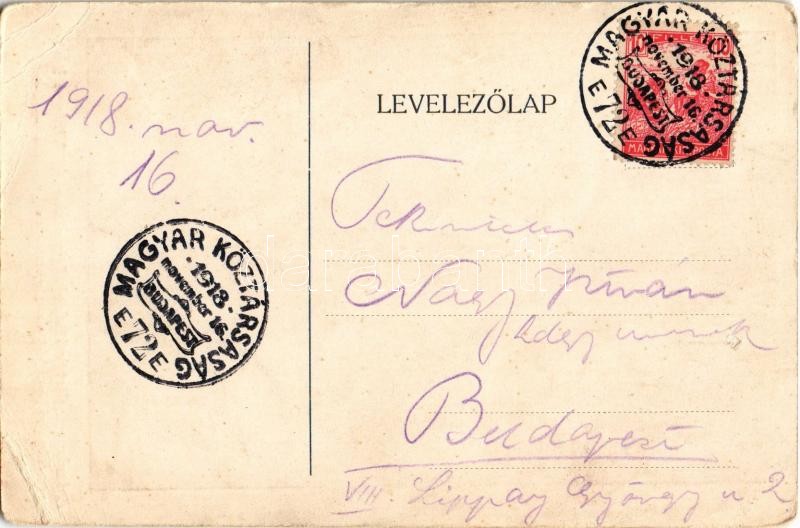 1918 Budapest VIII. Tisztviselőtelepi főgimnázium, virágos kert. A befolyó jövedelmet a szegény tanulók segélyezésére fordítjuk + '1918 MAGYAR KÖZTÁRSASÁG E 72 E' So. Stpl (EB) - Image 2