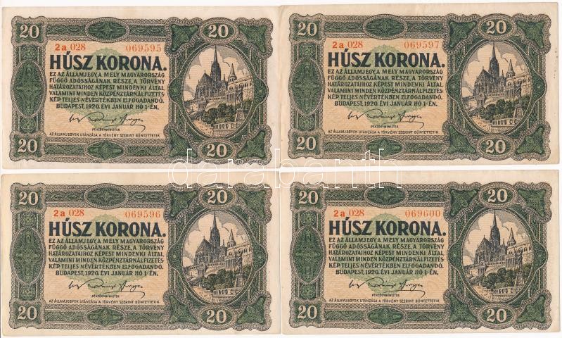 1920. 20K (4x) '2a 028 069595 - 2a 028 069600' közte 3db sorszámkövető T:I-,II Adamo K15
