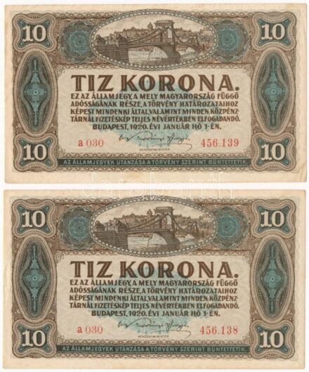 1920. 10K (2x) sorszámkövetők 'a 030 456.138 - a 030 456.139' T:I-,II Adamo K14