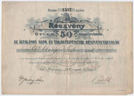 Kolozsvár 1906. 'Általános Bank és Takarékpénztár Részvénytársaság' részvénye 50K-ról, szelvényekkel és szárazpecséttel T:III