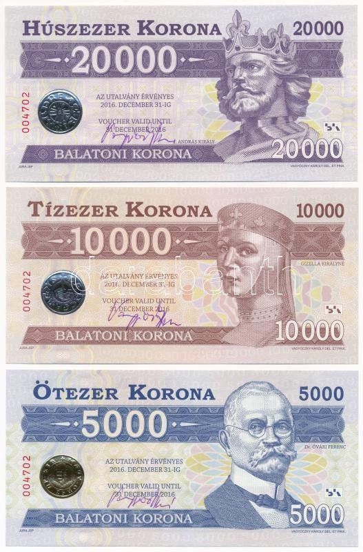 2012. 500K 'Balatoni Korona' + 1000K 'Balatoni Korona' + 2000K 'Balatoni Korona' + 5000K 'Balatoni Korona' + 10.000K 'Balatoni Korona' + 20.000K 'Balatoni Korona', helyi pénz,mindegyik '004702' sorszámmal és a tervező, Vagyóczky Károly