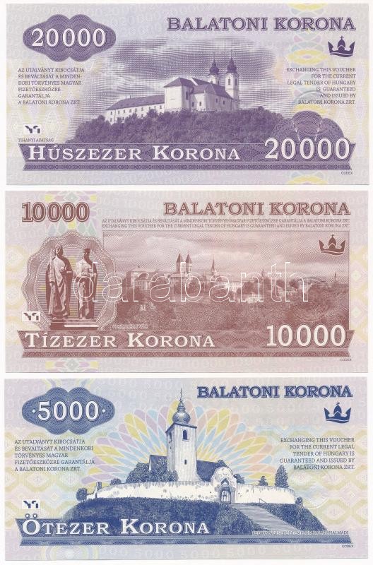 2012. 500K 'Balatoni Korona' + 1000K 'Balatoni Korona' + 2000K 'Balatoni Korona' + 5000K 'Balatoni Korona' + 10.000K 'Balatoni Korona' + 20.000K 'Balatoni Korona', helyi pénz,mindegyik '004702' sorszámmal és a tervező, Vagyóczky Károly - Image 2