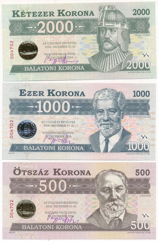 2012. 500K 'Balatoni Korona' + 1000K 'Balatoni Korona' + 2000K 'Balatoni Korona' + 5000K 'Balatoni Korona' + 10.000K 'Balatoni Korona' + 20.000K 'Balatoni Korona', helyi pénz,mindegyik '004702' sorszámmal és a tervező, Vagyóczky Károly - Image 3