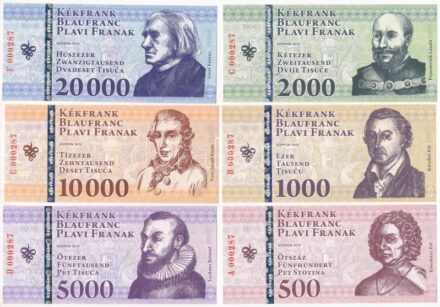 Sopron 2010. 500 Kékfrank + 1000 Kékfrank + 2000 Kékfrank + 5000 Kékfrank + 10.000 Kékfrank + 20.000 Kékfrank, mind azonos '000287' sorszámmal, de eltérő sorozatjellel, teljes sor T:I Hungary / Sopron 2010. 500 Kékfrank + 1000 Kékfrank