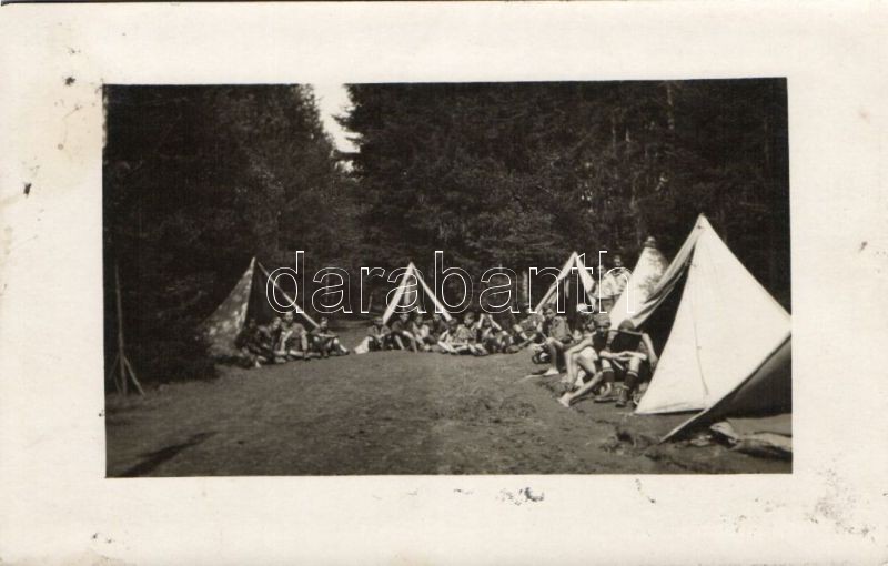 3 db RÉGI motívumlap ragasztónyommal; fekete-fehér cserkésztábor fotók / 3 old motive cards with gluemarks; black and white scout camp photos - Image 3