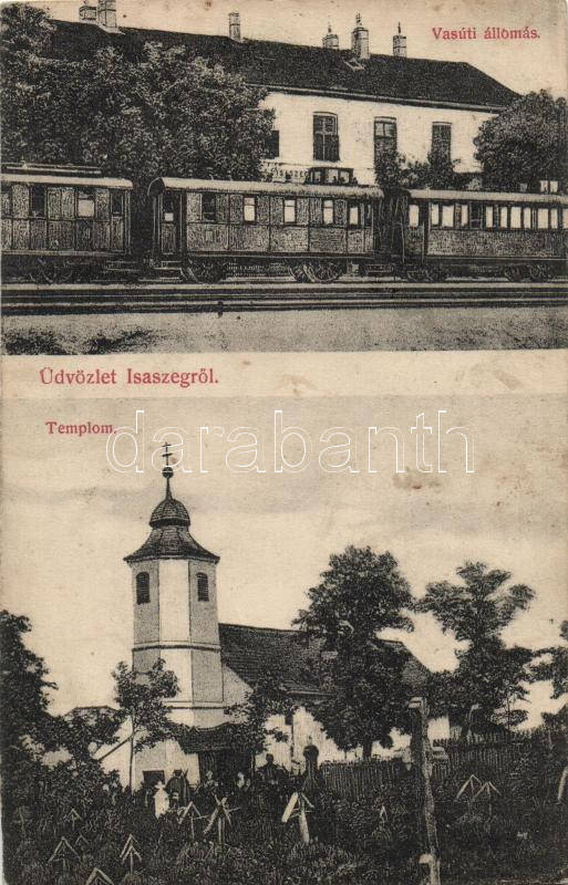 Isaszeg, vasútállomás vonattal, templom (EK)