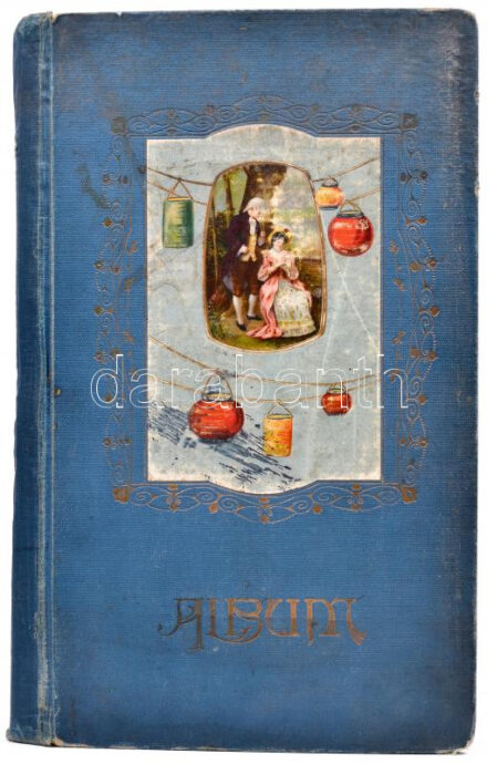 Régi díszes képeslapalbum lithoval az elején, 800 férőhellyel (23 cm x 40 cm) / Old decorated postcard album with a litho on its cover, for 800 postcards (23 cm x 40 cm)