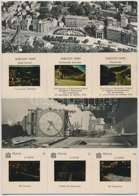 2 db MODERN cseh városképes lap színes diafilm kockával; Prága, Karlovy Vary / 2 modern Czech town-view postcards with coloured slide film frames; Praha, Karlovy Vary