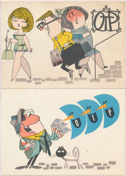 4 db MODERN motívumlap; OTP, Ha pénzről van szó - Takarékpénztár, humoros grafikai lap; Képzőművészeti Alap Kiadóvállalat / 4 Modern humorous graphic postcard; Bank s: Vértes György