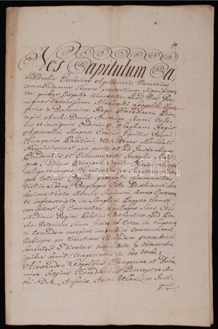 1792 Az egri káptalan oklevele, amelyben átírja Habsburg-Lotaringiai Sándor Lipót főherceg, magyar nádor (1790-1795) és I. Lipót magyar király (1657-1705) Olaszliszka mezőváros részére tett adományleveleit, rányomott viaszpecsét